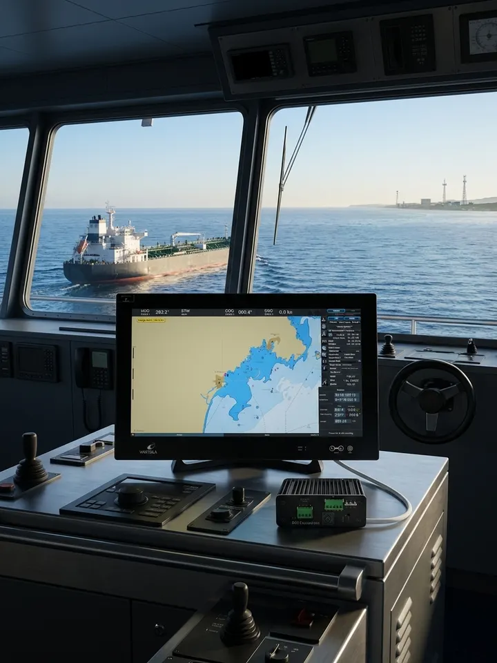 DIDI Onboard Unit beside a Wärtsilä ECDIS on a ship bridge, a product tanker passing outside the wheelhouse windows