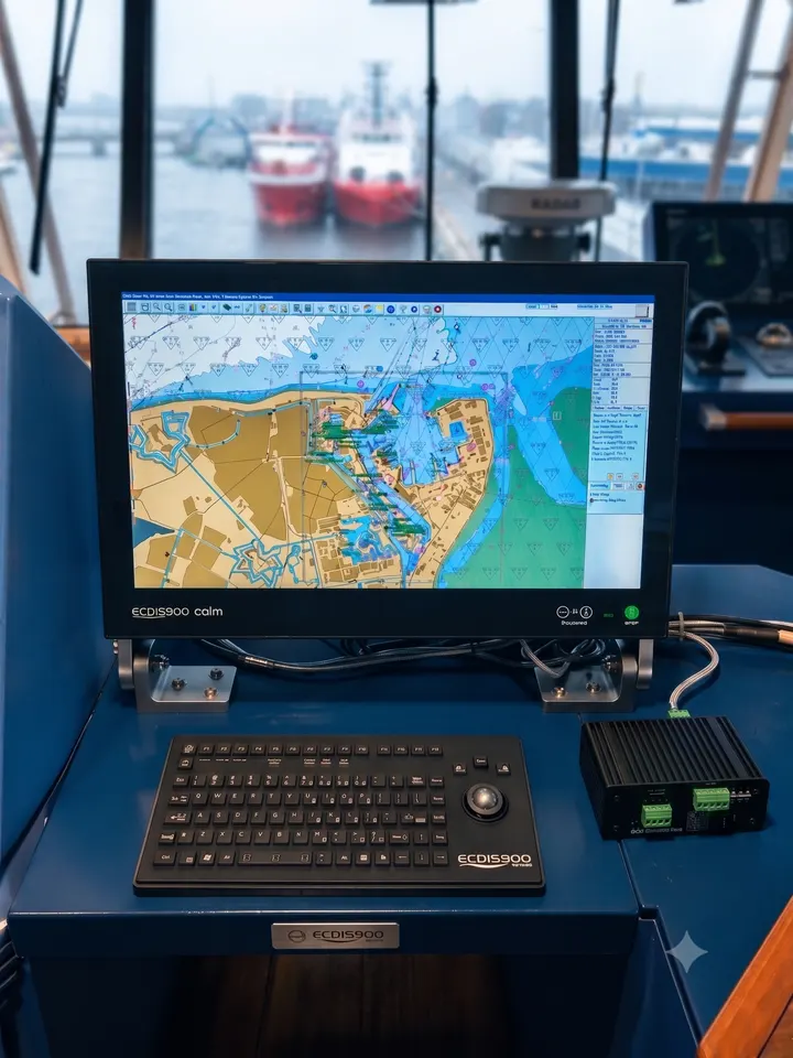 DIDI Onboard Unit cabled to an ECDIS900 chart workstation on a ship bridge during a port call