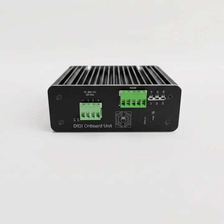Front panel of the DIDI Onboard Unit, showing the 10–30 V DC power terminal, the RS485 terminal and the status LEDs